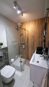 W łazience znajduje się prysznic, toaleta i umywalka. w obiekcie Apartament Młody Gdańsk - bezpłatny parking, mocne WiFi, dobre połączenie z lotniskiem w Gdańsku