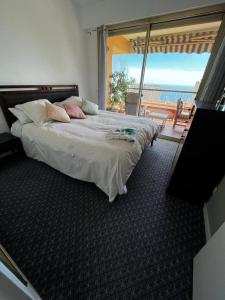 um quarto com uma cama e vista para o oceano em Une terrasse sur Monaco logement 2 chambre em Beausoleil