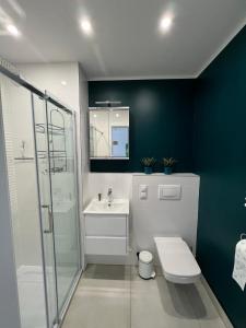 łazienka z toaletą, umywalką i prysznicem w obiekcie Villa Neptun - apartament przyjazny zwierzętom w Gdańsku +8 zdjęć