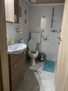 a small bathroom with a toilet and a sink at Seaside Villa II in Nea Potidaea