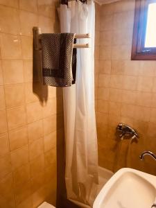 a bathroom with a white shower curtain and a toilet at 9mouses Chasiotis Guest House in Ampelakia