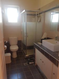 een badkamer met een toilet, een wastafel en een douche bij Panorama View Evia GREECE in Kamarítsa