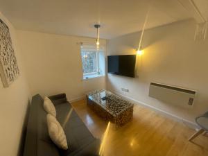 a living room with a couch and a tv at Alpine Apartments - 1 in Blairgowrie
