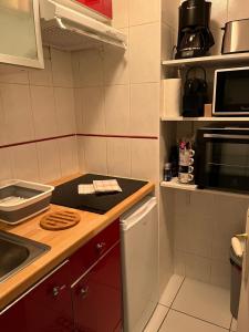 a small kitchen with a sink and a microwave at Hauteurs de Trouville - Studio avec terrasse au calme in Trouville-sur-Mer