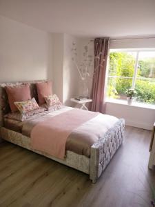 Un dormitorio con una cama grande y una ventana en Luxurious Entire Studio in Axminster suitable for en Axminster