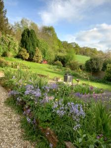 a garden with purple flowers in the middle at Luxurious Entire Studio in Axminster suitable for in Axminster
