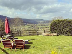a patio with two chairs and a table and an umbrella at Sunbank Yurt in Llangollen