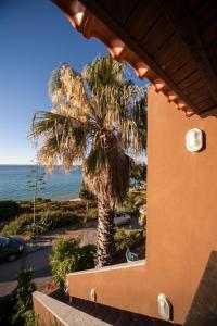 eine Palme neben einem Gebäude mit Meerblick in der Unterkunft Appartamento Sole e Mare in Santa Margherita di Pula