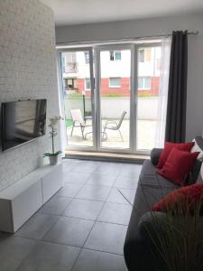 Televízia a/alebo spoločenská miestnosť v ubytovaní Apartament lawendowy - nad morzem z tarasem i garażem 5 min od plaży