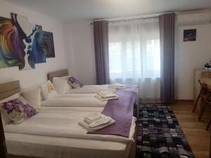 a living room with two white couches at Happy House in Hunedoara