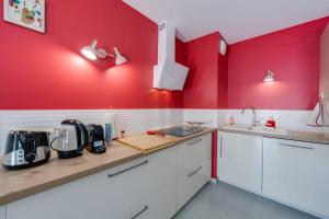 uma cozinha com paredes vermelhas e armários brancos em Emergence - Apartment 1 bedroom 2-4 pers Garage and Terrace em Annecy