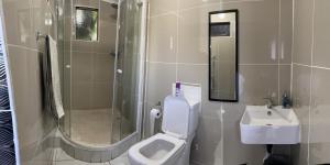 a bathroom with a toilet and a sink and a shower at Ncotshane BnB in Pongola