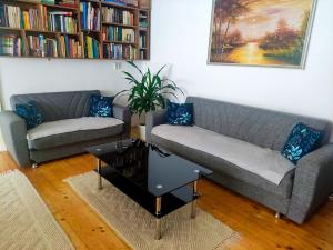 a living room with two couches and a coffee table at Rita Vendégház in Ciumani