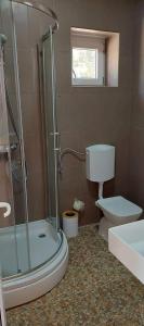 une salle de bains avec douche, toilettes et lavabo dans l'établissement Apartman Ivan, à Mandre