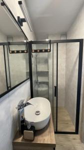 La salle de bains est pourvue d'un lavabo blanc et d'une douche. dans l'établissement Domek na Roztoczu Obrocz 73C, à Zwierzyniec