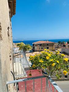 a balcony with flowers on a building with the ocean at Fior dei Carmeliti Rooms and Parking in Tropea +24 photos