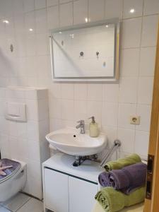 W białej łazience znajduje się umywalka i lustro. w obiekcie Ferienwohnung Haiber - Remseck w mieście Remseck-Pattonville