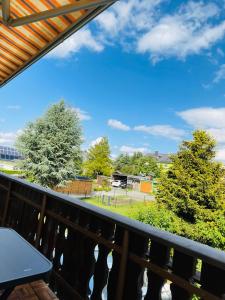 a balcony with a view of a park at Ferienwohnung Ziegenschweiz in Auerbach