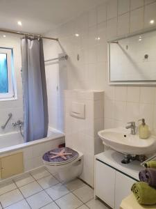 a bathroom with a sink and a toilet and a shower at Ferienwohnung Haiber - Remseck in Remseck am Neckar