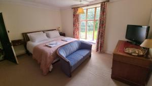 1 dormitorio con cama, sofá y TV en Old Manor House en Shepperton