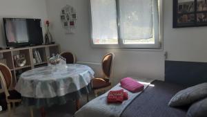 Cette chambre comprend une table, un lit et une télévision. dans l'établissement Ravissant studio dans un cadre agréable, à Soultz-Haut-Rhin