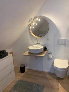 La salle de bains est pourvue d'un lavabo et d'un miroir mural. dans l'établissement Blackforest Homestay, à Herrischried
