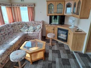 a living room with a couch and a fireplace at Mobilūs nameliai 'Zelma' in Palanga