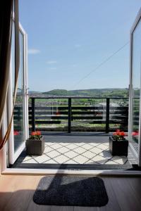 a view of a balcony with two pots of flowers at 1 Saron Cottages in Llandudno