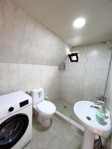 een badkamer met een wasmachine naast een toilet en een wastafel bij Pine Chalet Kazbegi in Kazbegi