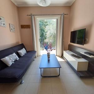 a living room with a blue couch and a tv at Μπουκαμβίλια - Bougainvillea in Sivota