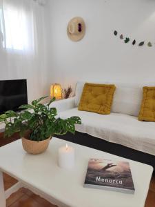 a living room with a white couch and a table with a plant at Villa Coral in Cala en Porter