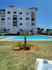 a palm tree in a yard in front of a building at Asilah Marina Golf in Asilah