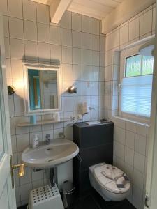 a bathroom with a sink and a toilet at Dat Onnens Hus - Nordisch mit Herz in Dorum-Neufeld