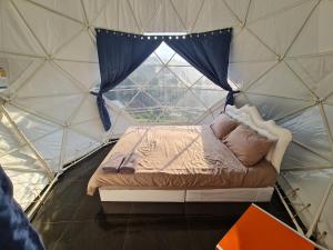 een bed in een koepeltent met een raam bij หุบเขาโฮมสเตย์ in Ban Kai Noi