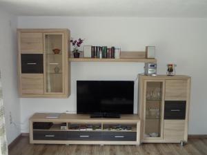a entertainment center with a flat screen tv in a living room at Ferienwohnung Aletsee in Pfronten