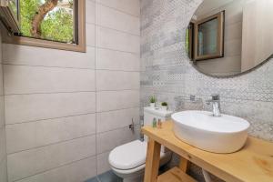 a bathroom with a sink and a toilet and a mirror at Villa Ionio Deste by Villa Plus in Vasilikos +21 photos