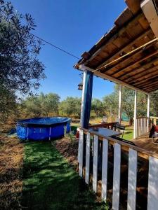 eine Veranda eines Hauses mit einer blauen Badewanne in der Unterkunft Un chalet dans les oliviers 3 nuits mini in Nîmes