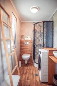 a bathroom with a toilet and a washer and dryer at Zimna Apartments in Kwidzyn