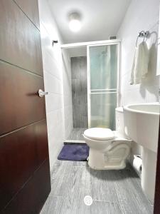 サンタ・マルタにあるApartamentos DNR 201B Rodadero Palanoaのトイレ、洗面台、シャワー付きのバスルーム