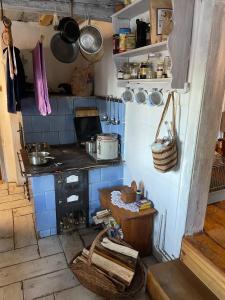 a kitchen with a stove and a blue tiled wall at Roubenka Prašivá in Vyšní Lhoty