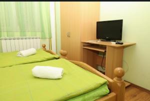 a bedroom with two beds and a television on a desk at Rooms Odmaralište Jablan in Senj