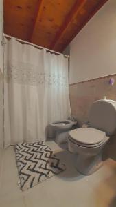 a bathroom with a toilet and a shower curtain at CABAÑA LA SUREÑA in San Martín de los Andes