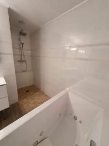 bagno bianco con vasca e doccia di Appartement ardeche vallée de l'ouvèze SANS extérieur mais à proximité de parcs a Flaviac