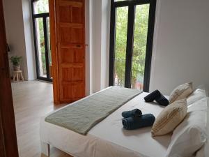 una camera con un letto con due cuscini sopra di CAN LLAVI - LLAUT a Canet de Mar