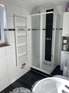 a bathroom with a glass shower and a sink at Ferien - Wohnung In Kassel Waldau Zentral in Kassel