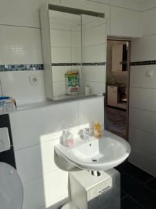 a bathroom with a white sink and a mirror at Ferien - Wohnung In Kassel Waldau Zentral in Kassel +11 photos