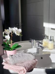 a bathroom sink with a towel and a vase of flowers at Apartmani Smokovo in Jadranovo
