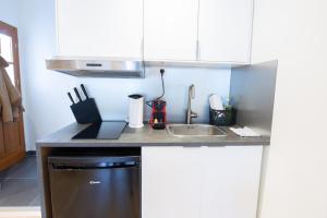 a kitchen with a sink and a counter top at Appart'Hôtel Prada Chic & Quality in Fontainebleau