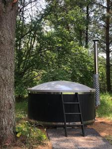 a stool sitting next to a hot tub next to a tree at Forest cabin in Ozolaine +4 photos
