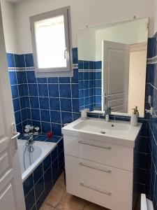 bagno con lavandino, vasca e specchio di Superbe appartement au cœur du Luberon. a Goult